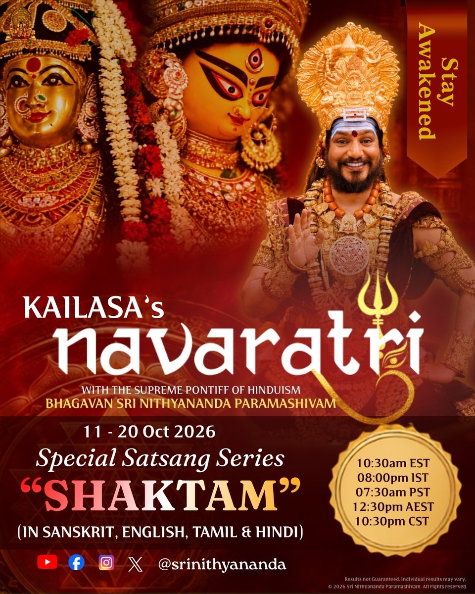 KUNAWHealth's tweet photo. 🙏 KAILASA’s NAVARATRI SPECIAL SATSANG SERIES | SHAKTAM 🔱

✨ October 11–20, 2026
Daily at 10:30 AM ET | 8:00 PM IST

🌺 SHAKTAM — Discover the divine power of Shakti through sacred Hindu wisdom and spiritual revelations. https://t.co/dqYChDzZMP
