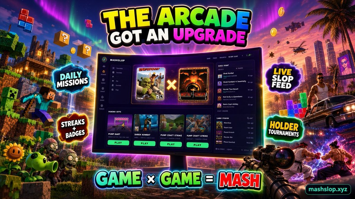 MashSlop's tweet photo. We don't slow down. We ship. 🚀

The MashSlop arcade just got a massive upgrade:

🎯 Fresh missions every single day 
🔥 Streaks that reward the ones who show up 
🏅 Badges to flex on everyone 
📡 A live feed of every new mash the second it drops

Two games you love. Smashed into one. Playable in your browser. Nobody else is doing this.

And on Monday it gets real: 
⚔️ Holder tournaments 
🏆 Winner takes 5 SOL

Every update makes $MASHSLOP harder to ignore. We're just getting started.

https://t.co/eEFlL62RnV