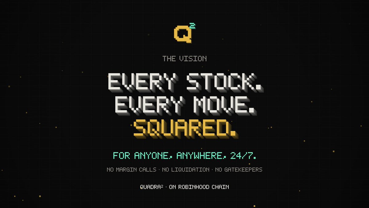 UseQuadra's tweet photo. The stock market was built for people in suits, during office hours, with margin accounts.

We’re building it for everyone else.

Every stock. Every move. Squared.
24/7. No margin calls. No liquidation.
This is just the beginning. ⚡ https://t.co/NzzyZsuEmo