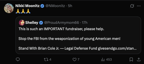 bplexledger's tweet photo. @SteveBakerUSA @BerryRazi @Ryanmatta @KyleSeraphin @RealCandaceO In closing, here's Donut Clan 2.0 flunkie @NMoonitz sharing the givesendgo op who's spearheaded by Donut Clan 1.0 sheep @ProudArmymom66 who's never met a violent insurrectionist she didn't like or wouldn't simp for. 

Social media stack formation. https://t.co/jKKkLPRcb6