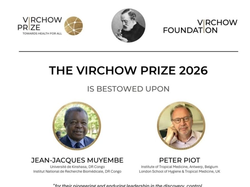 LouisRoot5's tweet photo. Le Prix #Virchow 2026 (Virchow-Preis), d’un montant total de 500 000 euros. Le professeur Jean-Jacques Muyembe-Tamfum (virologue congolais🇨🇩, directeur de l’#INRB à #Kinshasa) le partage à parts égales avec le Belge Peter Piot. #rdc #congo #medecine #science https://t.co/CzfoJE0JwO