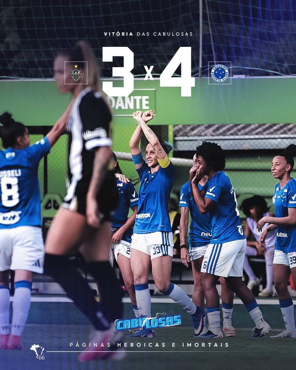 CruzeiroFem's tweet photo. Fim de jogo e 𝙑𝙄𝙏𝙊́𝙍𝙄𝘼 𝘿𝘼𝙎 𝘾𝘼𝘽𝙐𝙇𝙊𝙎𝘼𝙎!!! 🦊💙

MAIS UM CLÁSSICO E MAIS UMA VITÓRIA DO CRUZEIRO!!! NA ARENA GREGORÃO, AS CABULOSAS DERROTARAM O ATLÉTICO-MG, POR 4 A 3, E GARANTEM A LIDERANÇA DA PRIMEIRA FASE!!! VAMOSSS!!

⚽️ ISADORA, BYANCA BRASIL, VITORIA CALHAU E GISSELI GARANTIRAM A VITÓRIA CELESTE!!

#CAMxCRU | 3x4 | #AsCabulosasNoMineiro
