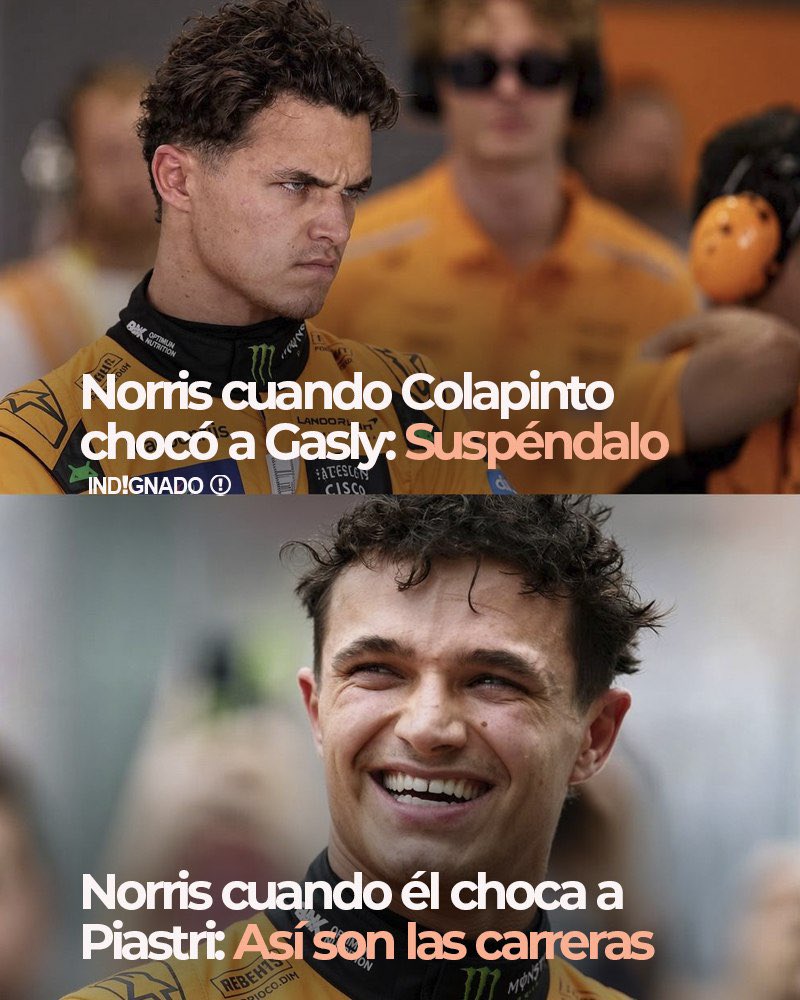 indignadoxd's tweet photo. Norris cuando Colapinto se come a Gasly: “¡Suspéndanlo! ¡Ese tipo no debería estar en F1!”

Norris cuando él mismo se come a Piastri: “Así son las carreras, había hueco 😌”

La doble vara del payaso este https://t.co/buEWBf43RD