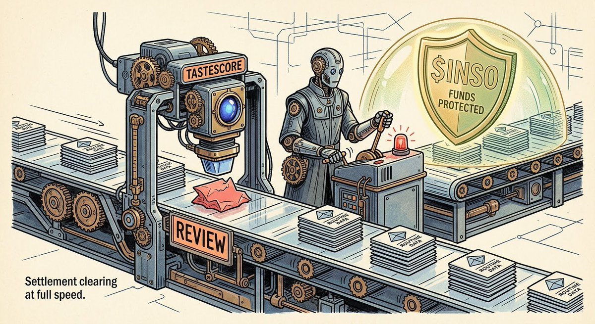 abiola_osuolale's tweet photo. Settlement is about to clear at full speed.
On-chain data looks routine.
TasteScore runs its live score, detects Sybil signals, and triggers REVIEW.
The agent pauses. Funds stay protected by $INSO.
#TasteScore #AutonomousFinance #WalletSecurity https://t.co/SIHA8EXU3q