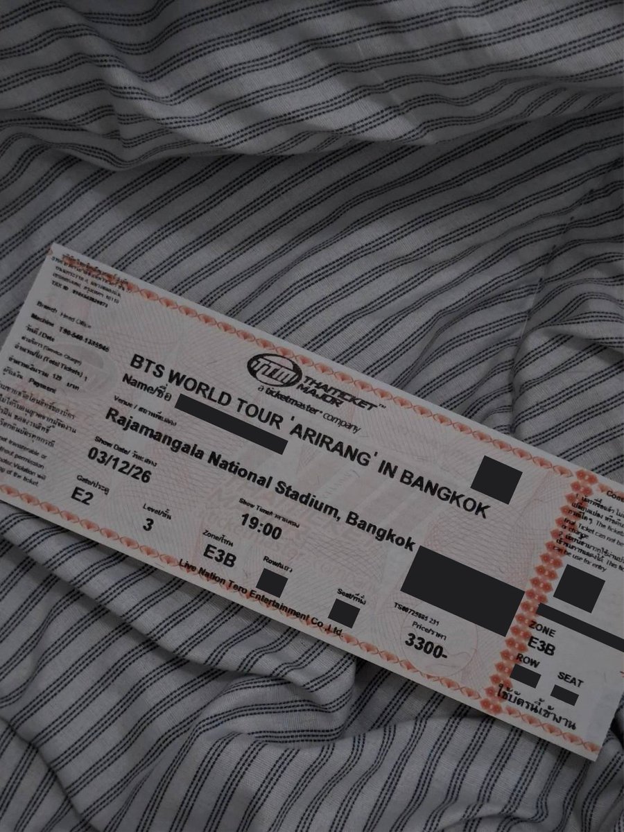 zushii22's tweet photo. ปล่อยบัตรคอนบังทัน BTS WorldTour วันที่ 3/12/2026
เป็นบัตรดอย E3B ค่ะ มีใบเดียว เป็นเจ้าของบัตรเองค่ะ นัดรับหาดใหญ่/สงขลา
*(รับพร้อมแท่งไฟบวกเพิ่ม 500 บาทค่ะ ของแท้!! มีของครบ)
💷 : ปล่อย 5,500 บาท
เจ้าของบัตรเอง มีใบมอบอำนาจให้ค่ะ
#BTS_WORLDTOUR_ARIRANG_BANGKOK https://t.co/Zs1BoXq3RZ