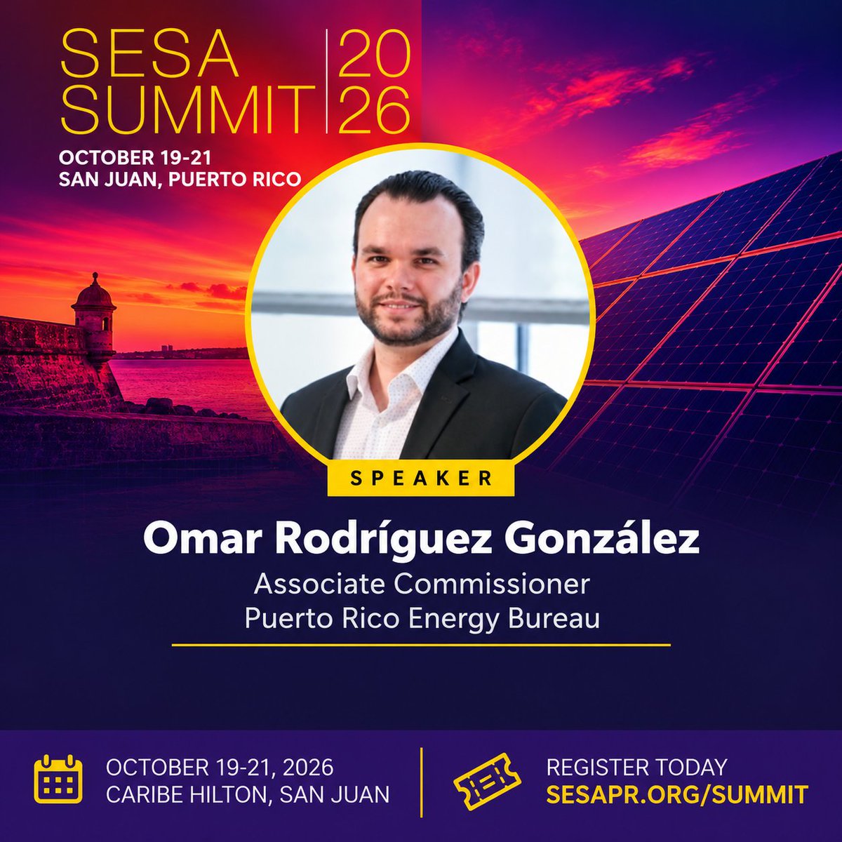 SESA_PR's tweet photo. ⚡ Omar Rodríguez González of @EnergiaNEPR joins SESA Summit 2026!

Explore energy policy, regulation and Puerto Rico’s solar + storage future.

📅 Oct. 19–21 | San Juan
🎟️ Register: https://t.co/LFbm2KCYKg

#SESASummit26 #Solar #EnergyStorage https://t.co/k5a9N16bvO