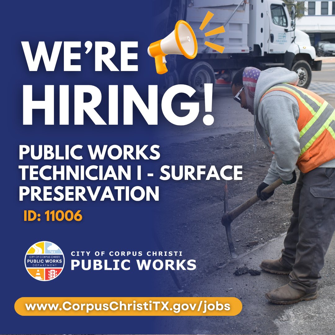 PublicWorksCC's tweet photo. We're looking for a skilled Public Works Technician I - Surface Preservation to join our Public Works Department! The city offers an excellent benefits package! Apply at https://t.co/uqubvmlHSP by October 19. https://t.co/GQppAUVNHE