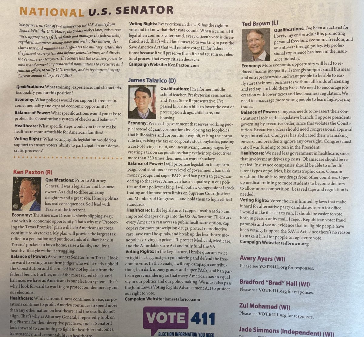 TedBrownLiberty's tweet photo. The League of Women Voters has issued their 2026 Voter Guide that includes all the candidates. Page 1 is the Senate race. Here are my answers compared to the other candidates. You may need to magnify the text! https://t.co/wCZtifp2Cv