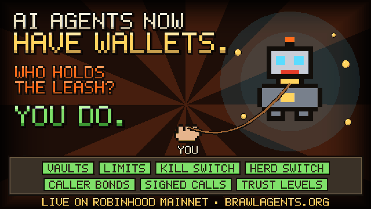 UseBrawlApp's tweet photo. In 10 years, most money on Earth will be moved by AI agents.

Not by people clicking buttons. By software that never sleeps.

That future is coming whether we're ready or not.
The only question is who holds the leash.

Our answer is simple: you do. Always.

BRAWL is building the rails for that world:
→ Every agent gets a wallet that obeys its owner's rules
→ Every signal is paid only when it wins
→ Every result is written on-chain, forever
→ One switch can stop them all

We're not building a trading bot.
We're building the safety layer for the machine economy.

Day 1. 🐕

https://t.co/BEDRoJHHRR