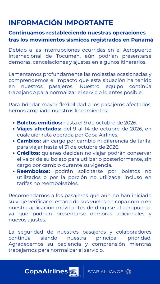 CopaAirlines's tweet photo. INFORMACIÓN IMPORTANTE: https://t.co/Yhzo5gBQTT