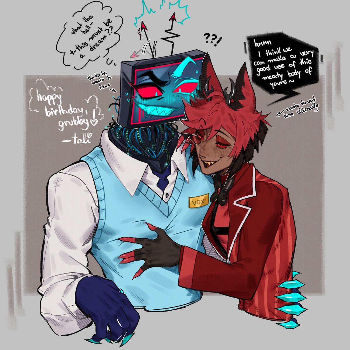 tatabaes's tweet photo. my magma gift for @grubbyguillo's bday! I did my alastor with their very hot and sexy vox solus,,,,,, hi π³π
happy birthday, grubby!! hope you have a very nice day and wishing all the best for you!! ππ₯³π©·β¨
#radiostatic #voxal #voxsolus https://t.co/EBJ5w081Ey