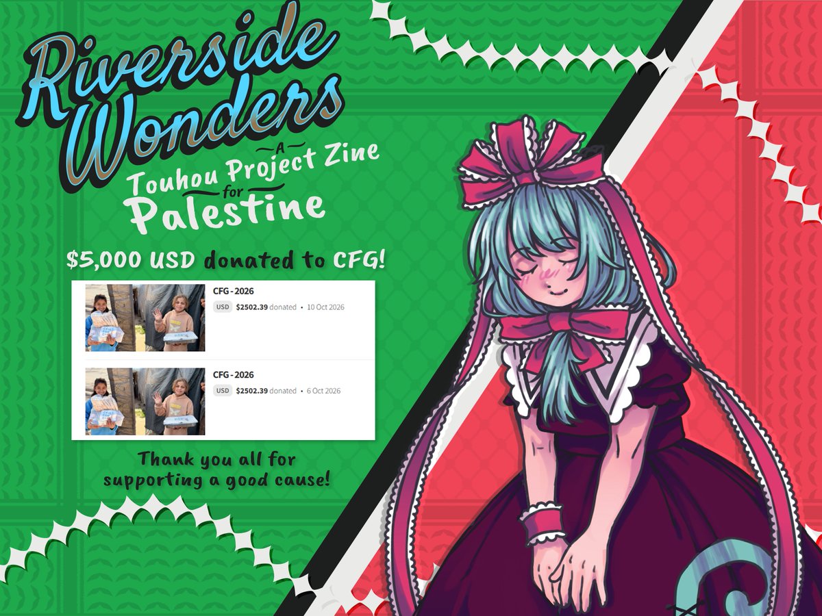 THRiversideZine's tweet photo. Hello friends! Thank you all for your patience as we distributed Riverside Wonders all around the globe.

We're happy to announce we've donated approx. $5,000 USD to @CareForGaza with the remaining profits!!

More info below, and thank you all again for your support 💖🖤🤍💚 https://t.co/H7EwesBSfM