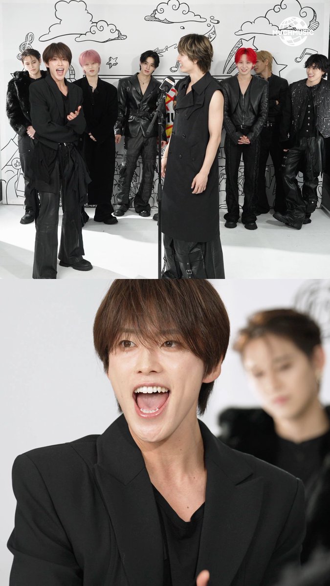 A composite image of a Japanese music group posed against a white wall with doodle illustrations; the top shows the group in black outfits and the bottom is a close-up of one member in a black blazer with an open-mouthed expression.
