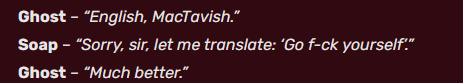 getslug's tweet photo. how the fuck did GHOST get mischaracterised as the brooding mysterious violent one when soap was literally being a little  cunt during the entire alone mission /J https://t.co/fwMJhFxcO9