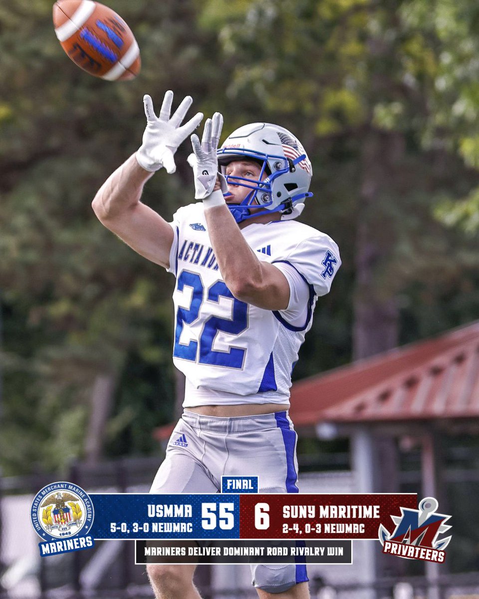 USMMA_Athletics's tweet photo. 🔥⚓ 𝐑𝐈𝐕𝐀𝐋𝐑𝐘 𝐑𝐎𝐔𝐓. 𝐌𝐄𝐒𝐒𝐀𝐆𝐄 𝐒𝐄𝐍𝐓! 💪🏈

@USMMAFootball defeats rival SUNY Maritime with a dominant 55-6 victory on the road!

Box Score ➡️  https://t.co/LaGNjFNwvf

#d3fb #OURAcademy @NEWMACsports https://t.co/CdjqC2KTR9