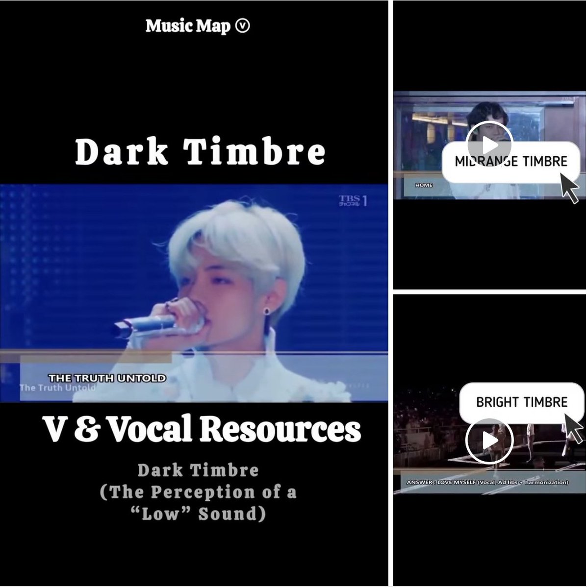 musicmapv's tweet photo. Timbre allows us to distinguish sounds and recognize their sources, and it can be shaped by predominantly dark, midrange, or bright attributes. Taehyung masterfully navigates between them, adapting his vocal color according to his artistic intention and adjustments within the vocal tract.

V & VOCAL RESOURCES
               Part 2:
🔗https://t.co/suXfVDsqcP

#Taehyung #V #KimTaehyung