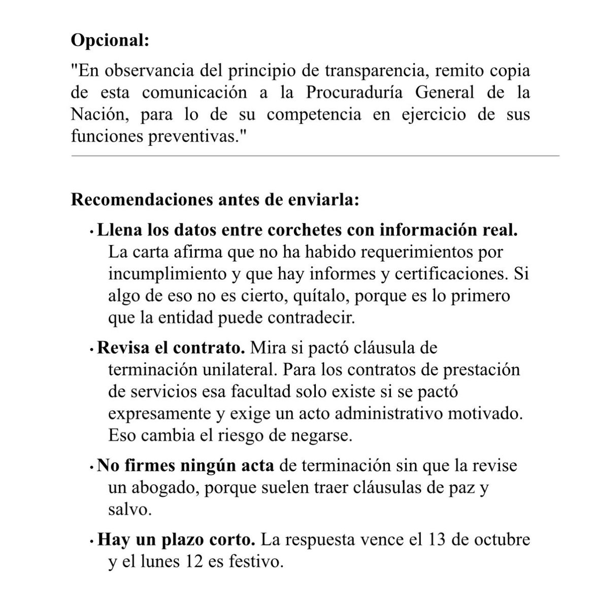 PalmaEdwin's tweet photo. 🚨 Atención contratistas de @MinEnergiaCo 

Van más de dos meses de improvisación, el Gobierno sigue sin completar equipos para enfrentar El Niño. El viceministro de Energía sale tras apenas dos meses en el cargo y el director de energía ha sido denunciado por presentarse al Congreso sin estar posesionado.

Mientras tanto, la gestión se va en revisar lo avanzado sin proponerle nada nuevo al país. Ahora se van contra la clase trabajadora.

Ya circulan cartas del Ministerio de Minas que proponen a contratistas terminar sus contratos “de mutuo acuerdo”, citando la Directiva Presidencial 04. Un mutuo acuerdo exige su consentimiento: nadie está obligado a firmar. Pidan por escrito la motivación, no firmen nada sin leerlo y, si lo estiman, consulten con un abogado.

Su compromiso es con Colombia y con el contrato que firmaron, no con el funcionario ni con el gobierno de turno.

Construir sobre lo construido no es una consigna, es lo que exige el fenómeno de El Niño. Con una demanda en máximos históricos no hay margen para empezar de cero. 

Quien reciba presiones indebidas por seguir ejecutando su contrato puede ponerlo en conocimiento de la @PGN_COL, quienes esperamos actúe conforme a la Constitución y la ley. 

Les dejo un modelo de respuesta con unas recomendaciones, para que cada quien decida cómo proceder. Es un texto orientador: cada caso puede ser distinto.