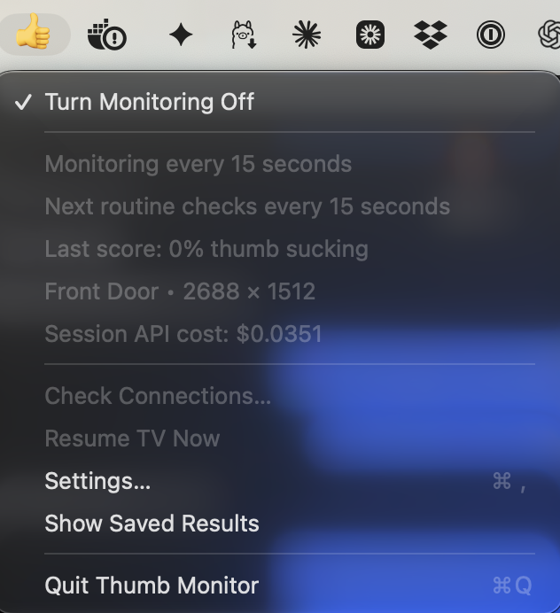 Menu from a personal monitoring app that can check connections, resume TV playback, and show saved results after analyzing a Ubiquiti stream