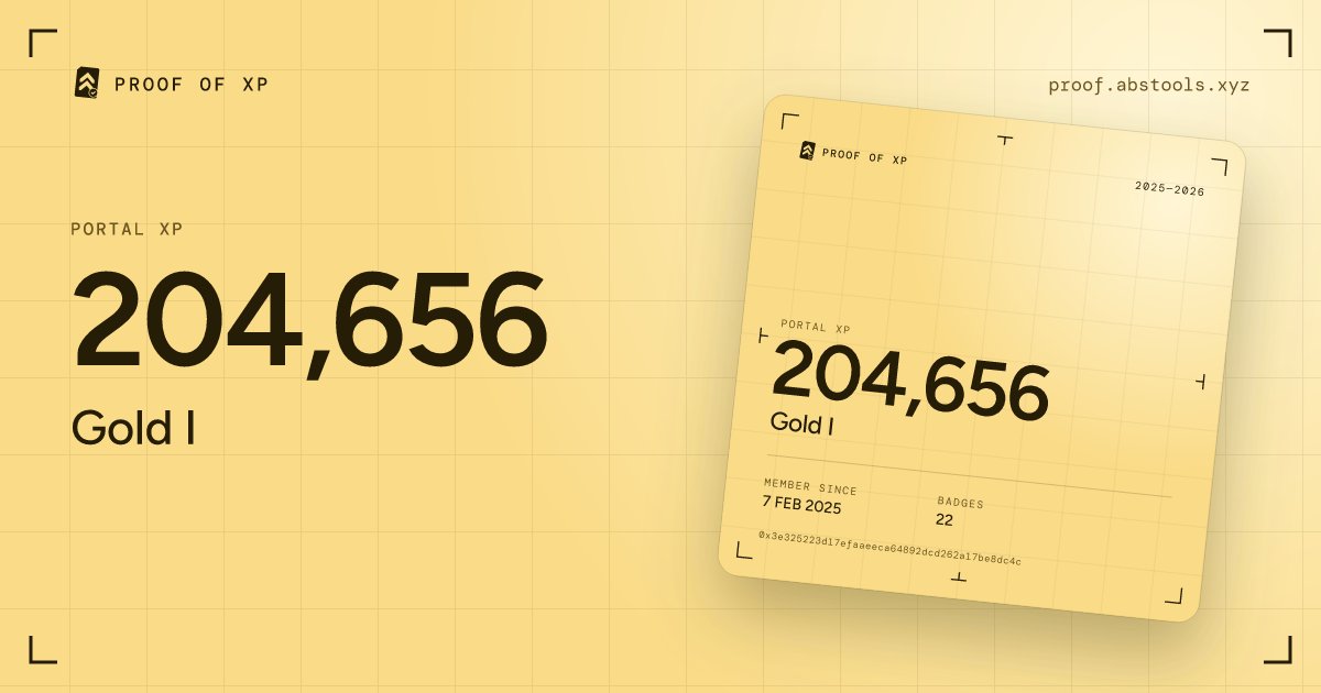 Kaylee182735's tweet photo. My Abstract XP, now onchain on Ethereum: 204,656 XP · Gold I.

Abstract closes Dec 15. Claim your proof: https://t.co/8itpFTgHcM https://t.co/TBwB2KcP2c