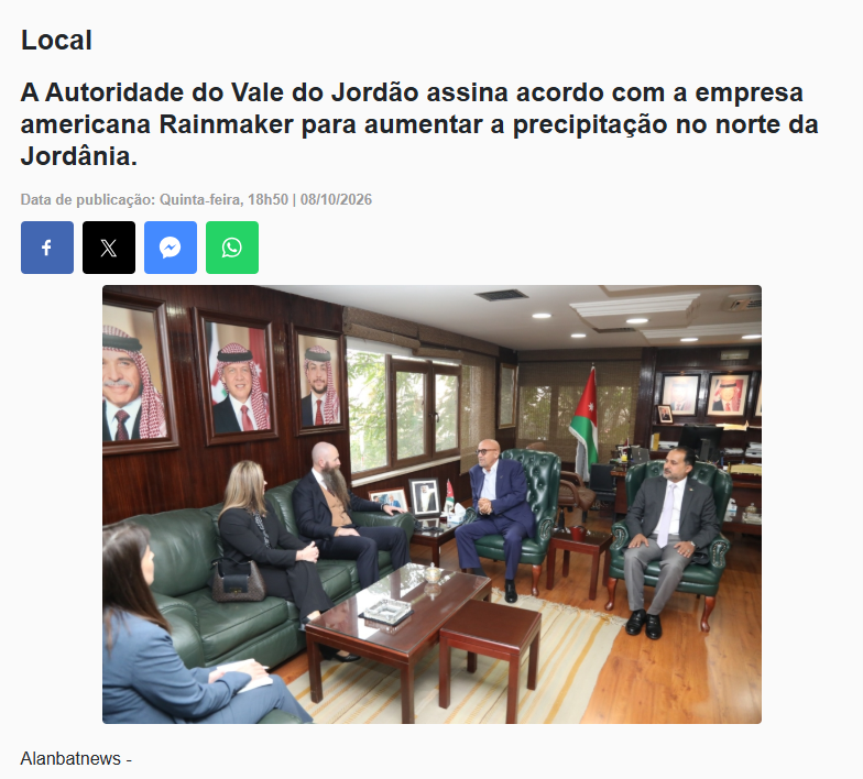 75Alcaide's tweet photo. 🇯🇴🇺🇸"A Autoridade do Vale do Jordão assina acordo com a empresa americana Rainmaker para aumentar a precipitação no norte da Jordânia."
https://t.co/1JlioIinzw
https://t.co/CWUC2LDbTX
#Geoengenharia #SAI #SRM #CloudSeeding https://t.co/DFbDWxC6Db