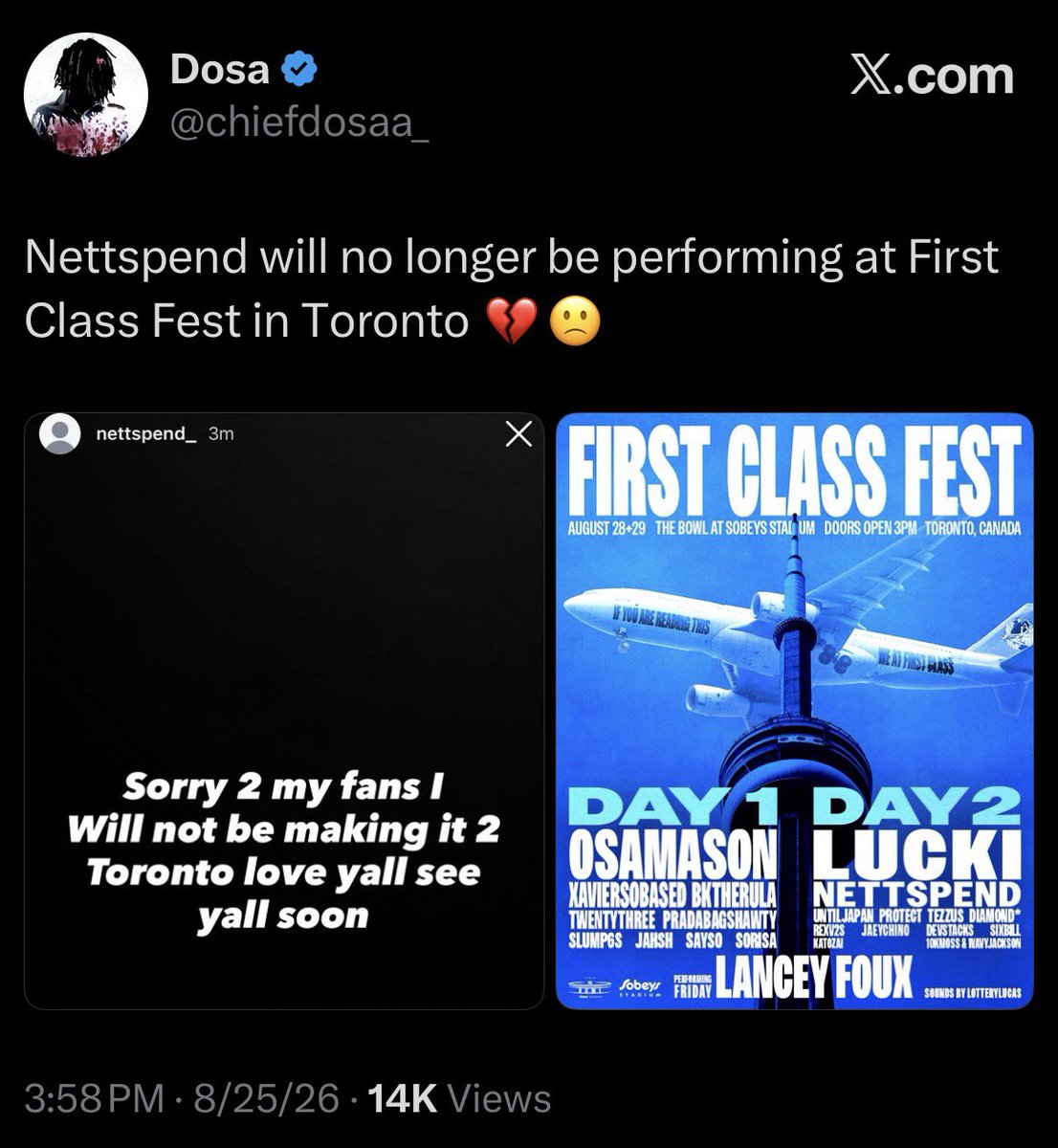 chiefdosaa_'s tweet photo. A newly surfaced Instagram story from OsamaSon’s private account reveals that OsamaSon made violent threats to Nettspend and his team during the early hours of August 25, likely influencing Nettspend’s decision to drop from First Class Fest later that day and causing them to fall out😬💔