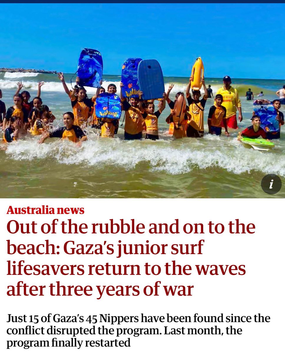 DavidShoebridge's tweet photo. In the horror of a Genocide this is a moment of hope. 15 of the children from the Gaza Nipper’s program got back in the surf this week. 30 of the other nippers can’t be found, many have been killed. How has the world made the decision to send so many bombs and so few lifesavers? https://t.co/bcmGA7Sdsr