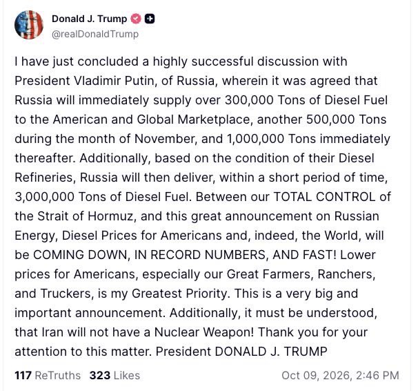 history_under's tweet photo. For some reason, Trump is talking about the amount of diesel in tons rather than gallons. The amount that he says that the U.S. will be getting adds up to 4.8 million tons. That’s around 1.35 billion gallons of diesel. 

The U.S. consumes about 130 million gallons of diesel PER DAY. That means that this super amazing sweet deal with Russia gives us about 10-11 days worth of  diesel fuel. 

In exchange, Russia gets a lifeline to further fund a war of territorial conquest that is killing innocent Ukrainians. 

Shameful.