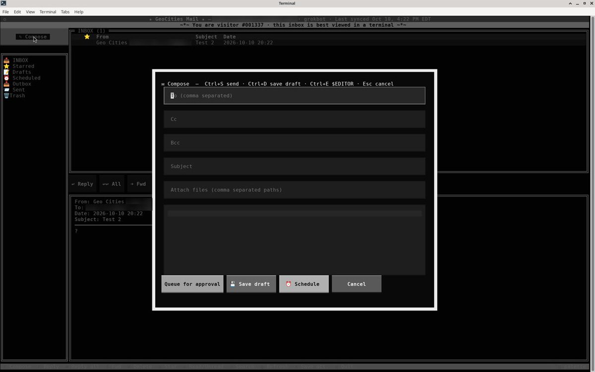 GeoCities_eth's tweet photo. The @bot Mail is AI UI only, so I built a traditional email UI

GeoCities Mail is a email client for @bot email that runs on your bot's computer. Read and write @bot emails like it's 1999.

✨ @grok

https://t.co/O3e2YV0Rjj https://t.co/8jSffWYuZz