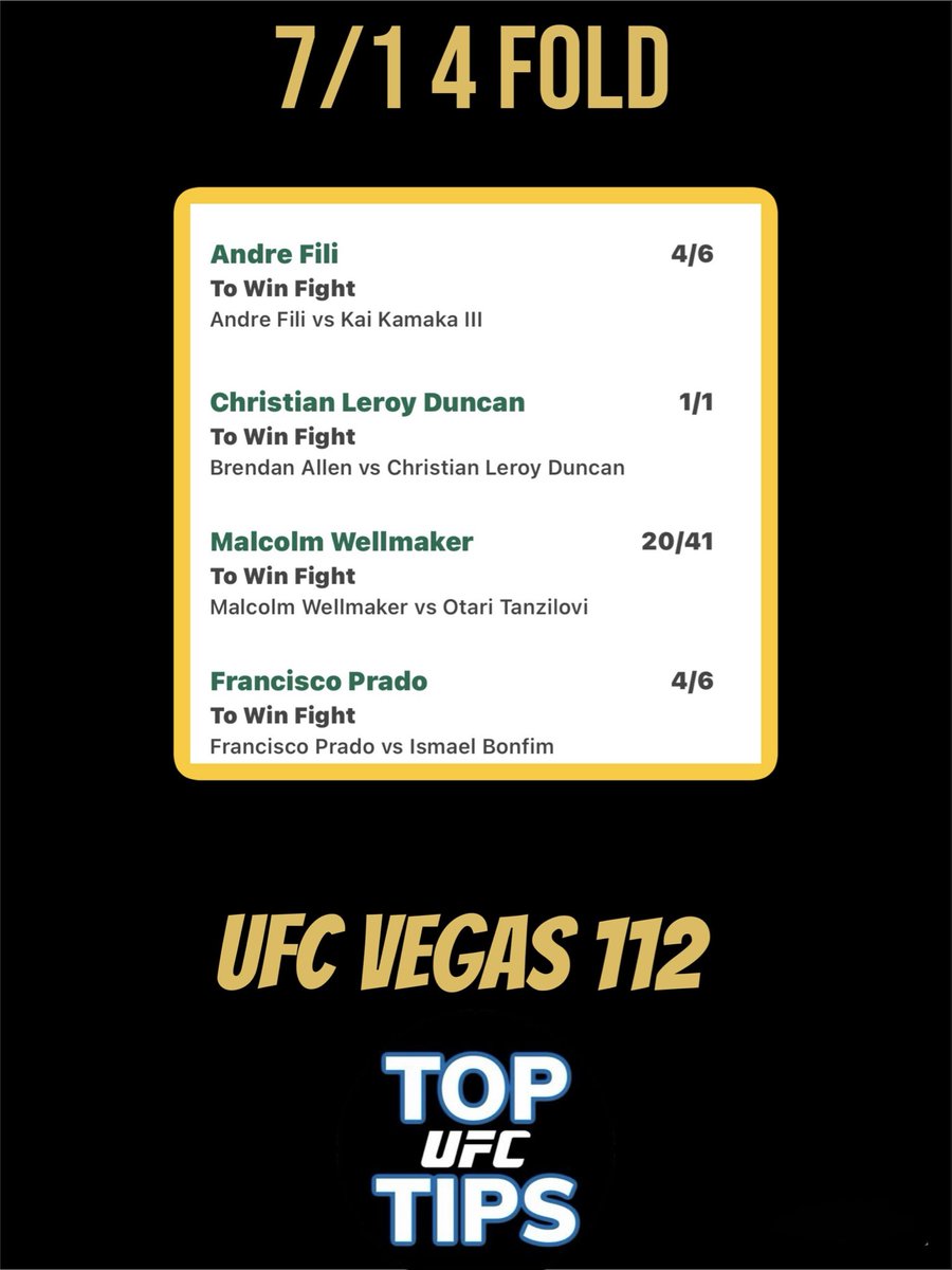UFCtoptips's tweet photo. 7/1 on this 4 fold. #UFCVegas122 https://t.co/2kgLdiFSOS