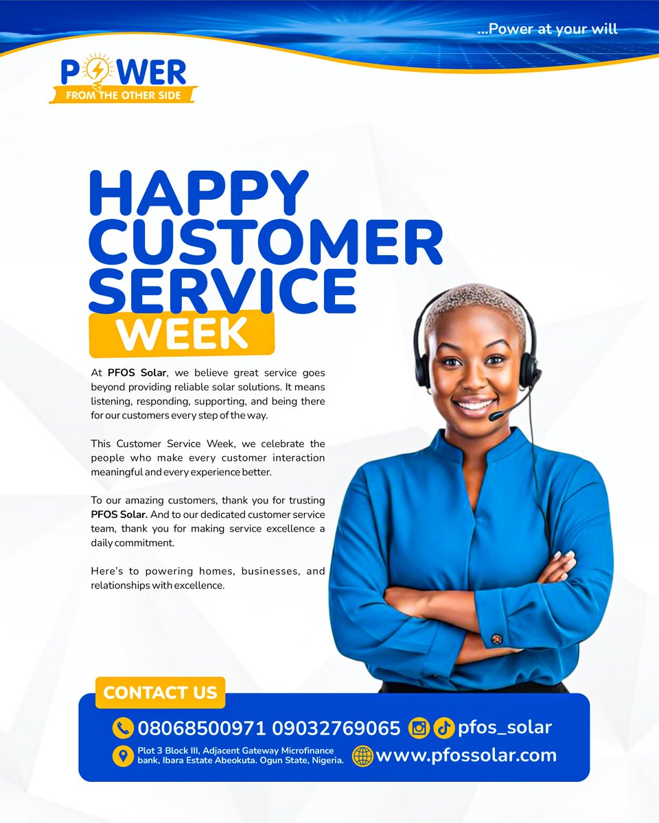 pfos_solar's tweet photo. HAPPY CUSTOMER SERVICE WEEK
At PFOS Solar, your satisfaction is our priority. thank you for trusting us to keep your world powered.
#pfossolar
#solarcompanyinabeokuta #customerserviceweek https://t.co/8evE6106ds