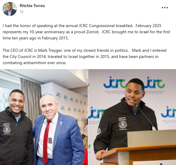 NateB_Panic's tweet photo. The Jewish Community Relations Council - whose funding Mamdani has increased 150% - took Ritchie Torres to Israel for his first trip and he credits them for his "conversion" to Zionism. This is a Zionist lobby group for Israel and it is a lie to pretend otherwise https://t.co/qQk2eXuKTo