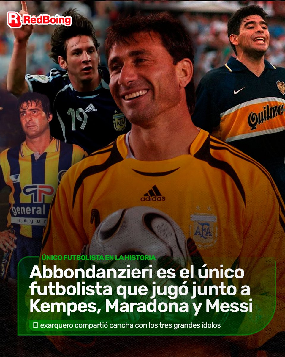 radioboing's tweet photo. EL INCREÍBLE RÉCORD DEL "PATO" ABBONDANZIERI CON LAS TRES LEYENDAS ARGENTINAS 🧤⚽

🧤 Roberto "Pato" Abbondanzieri ostenta una marca absolutamente única en el fútbol mundial: es el único futbolista en la historia que compartió cancha o equipo con Mario Alberto Kempes, Diego Armando Maradona y Lionel Messi.

⚽ El histórico arquero jugó junto al "Matador" Kempes en un amistoso con Rosario Central en 1995, fue compañero del "Diez" en la última etapa de Maradona en Boca durante 1997, y custodió el arco de la Selección Argentina junto a la "Pulga" en el Mundial de Alemania 2006 y la Copa América 2007.

#PatoAbbondanzieri #Messi #Maradona #Kempes