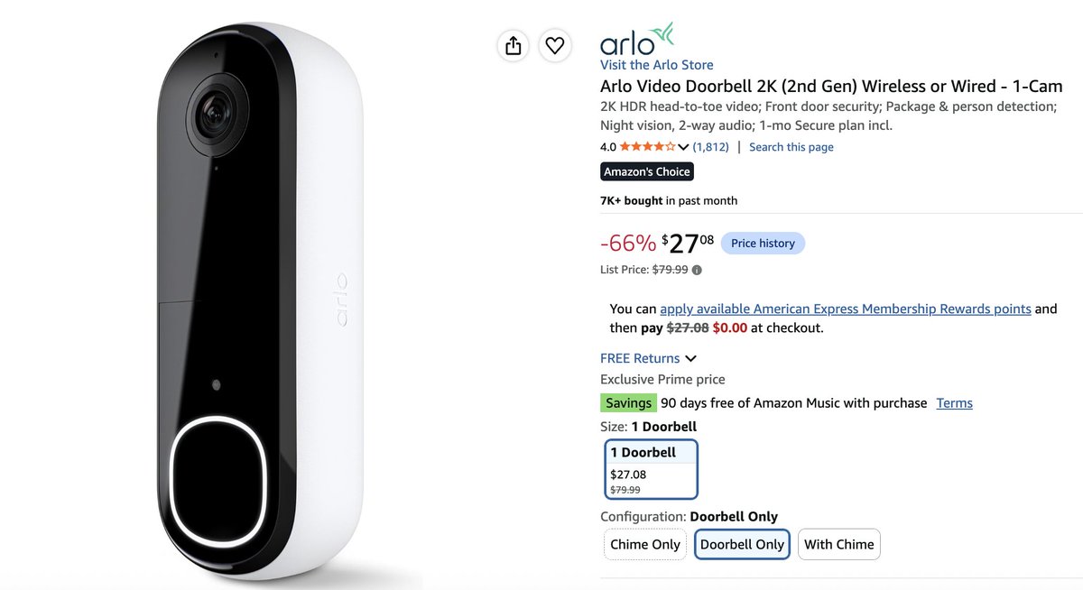 PriceErrors's tweet photo. 66% OFF ARLO VIDEO DOORBELL

COMPLETE FRONT DOOR AND ENTRYWAY PROTECTION

CAN RUN IT WIRED OR WIRELESS

https://t.co/ZEYKXn5KCP #Ad https://t.co/Q9WDx9JSBU