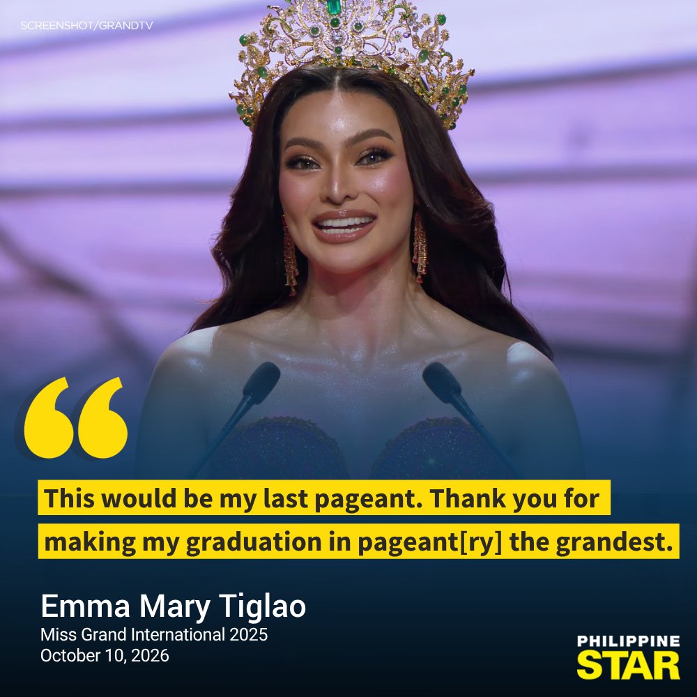 PhilippineStar's tweet photo. 'THIS WOULD BE MY LAST PAGEANT'

During her farewell speech on Saturday in Bangkok, Thailand on Saturday, Miss Grand International 2025 Emma Mary Tiglao announced her retirement from pageantry. https://t.co/JZL5rP8JWT