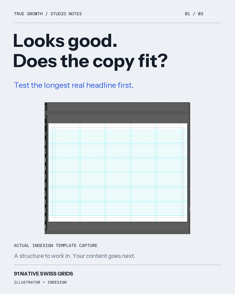 truegrowth777's tweet photo. The layout works. Until the client sends twice the copy. 👀

Test a duplicate with the longest headline first. Check overflow before shrinking the type.

Our native Illustrator + InDesign grids:
https://t.co/bXwuG4nX99

#LayoutDesign https://t.co/KvSioTHm5P