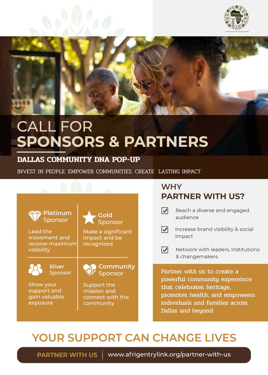 Afrigenetrylink's tweet photo. Are you ready to make something meaningful happen with us?

We're still welcoming sponsors and partners for the Dallas Community DNA Pop-Up!

Your support could help bring heritage, health, and community together in one unforgettable experience.
https://t.co/4t8i0WzwQH https://t.co/2OC7Rg9vZg