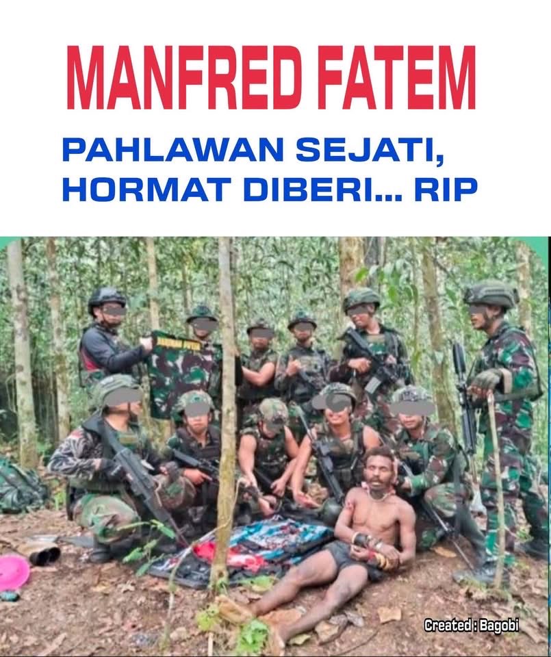 BennyWenda's tweet photo. Indonesia’s Illegal War Against West Papua

When Indonesian military personnel hold a West Papuan’s head as a trophy and display it to the world, how can we remain silent? How can one human being do this to another?

When you look at this picture, ask yourself: How would you feel if this were your brother, your father, or your son?

Every West Papuan life matters. We are human beings, and our people deserve dignity, justice, and freedom. The world must not turn away from the suffering of West Papua.

Please hear my people’s cry for freedom. Hear the cries of our mothers, fathers, and children. We are asking the world to stand with us for justice, dignity, and the right to live in peace and freedom.