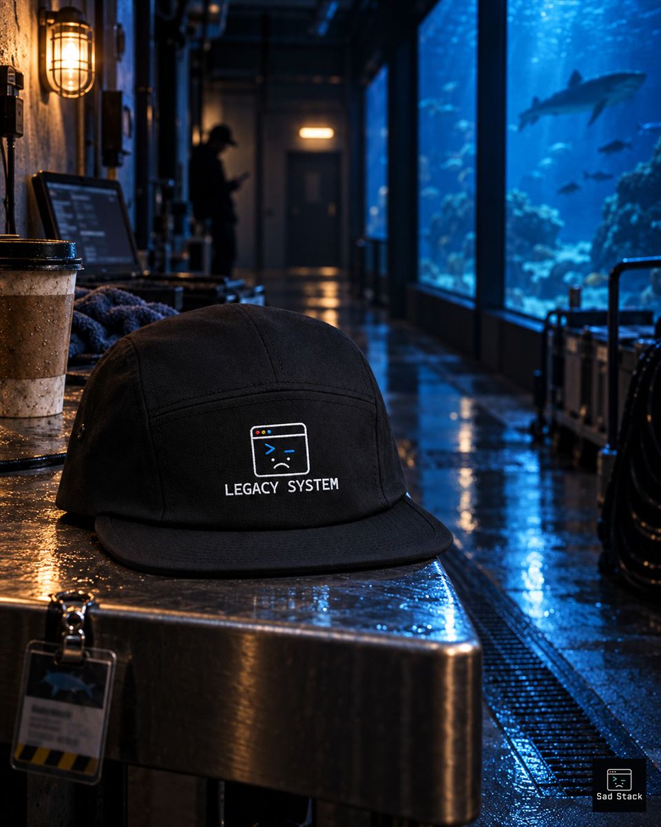 SadStackDev's tweet photo. The aquarium closed. The Legacy System cap stayed on watch while I investigated a production issue with the fish. #DevHumor #ProgrammerGift https://t.co/ZBcnm93GYw