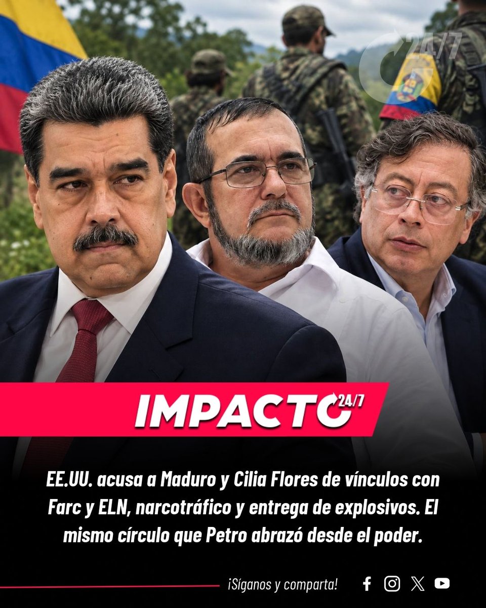Impacto24_7's tweet photo. 🇺🇸🇨🇴 JUSTICIA GRINGA CADA VEZ MÁS CERCA DE PETRO | La justicia de EE.UU. acaba de acusar formalmente a Nicolás Maduro y su esposa Cilia Flores de narcoterrorismo. Los cargos son contundentes: vínculos directos con las Farc y el ELN, coordinación con cabecillas del narcotráfico, y el pago de deudas del cartel con explosivos militares. Timochenko, el jefe de las Farc, aparece en los documentos judiciales. La acusación detalla cómo el régimen venezolano habría actuado como facilitador de rutas de cocaína hacia EE.UU., utilizando las estructuras armadas de ambos grupos terroristas como socios estratégicos. Una red criminal que operó bajo la complicidad o la ceguera conveniente de quienes en Bogotá les tendieron la mano, les abrieron fronteras y les llamaron aliados de paz. El mismo círculo que Petro abrazó desde el poder durante cuatro años empieza a responder ante Washingtón.