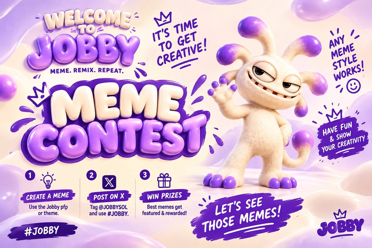 Dawnofransom's tweet photo. 👾 The JOBBY meme contest is here! 💜🔥

Create hilarious memes, post on X, tag @JOBBYSOL, and use #JOBBY.

Let’s get creative and make some noise! 🚀💜

@JOBBYSOL https://t.co/D1fNvXoBD1