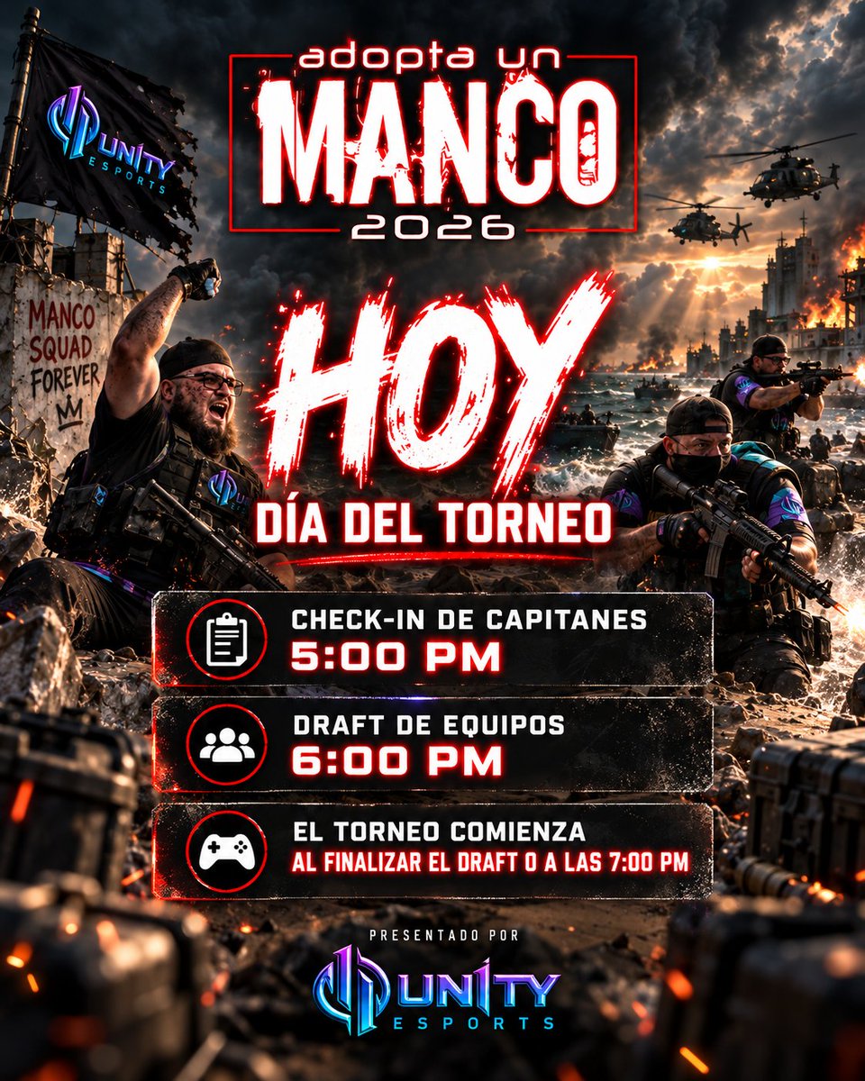 FineztGaming's tweet photo. 🚨 HOY ES GAME DAY — ADOPTA UN MANCO 2026 🎮🔥

Llegó el día. Hoy se juega Adopta Un Manco 2026, presentado por UN1TY Esports.

🕔 5:00 PM — Check-In de Capitanes
🕕 6:00 PM — Draft de Equipos
🎮 Inicio del Torneo — Al finalizar el Draft o a las 7:00 PM https://t.co/9WcCVo4gxX