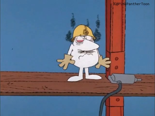 A cartoon image of a worried-looking egg character wearing a yellow hard hat, standing on a wooden beam next to a jackhammer, with the watermark '@PinkPantherToon'.