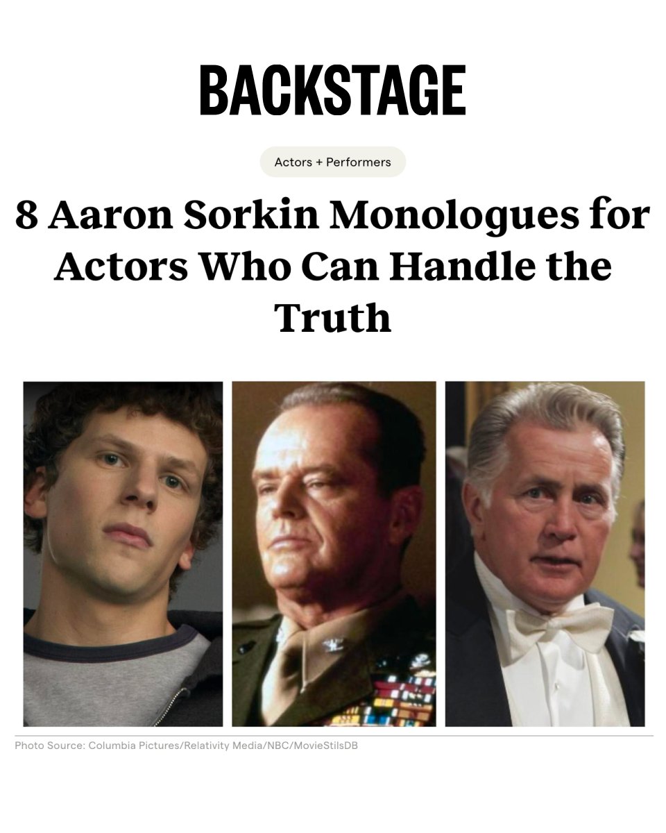 Backstage's tweet photo. Aaron Sorkin dialogue doesn't leave much room to hide.

Here are eight monologues for actors ready to tackle rapid-fire language, precise rhythms, and characters who always have something to prove: https://t.co/SfSIVzngyQ https://t.co/OzHlw0BIAT