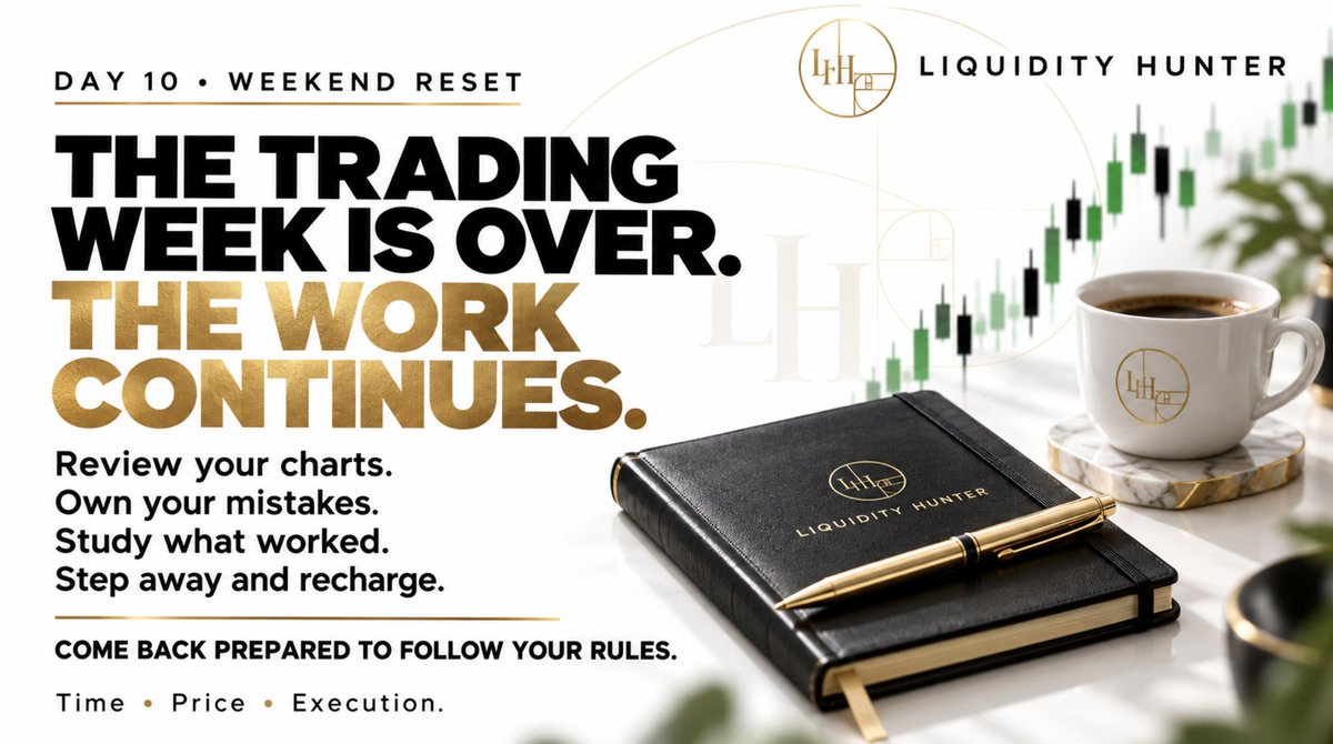 LiqHunter_369's tweet photo. DAY 10 🎯

The trading week is over. The work continues.
Review your charts.
Own your mistakes.
Study what worked.
Then step away and recharge.
Come back prepared to follow your rules.
Time • Price • Execution.
#LiquidityHunter #NQ #TradingDiscipline https://t.co/KlMvRnrozv