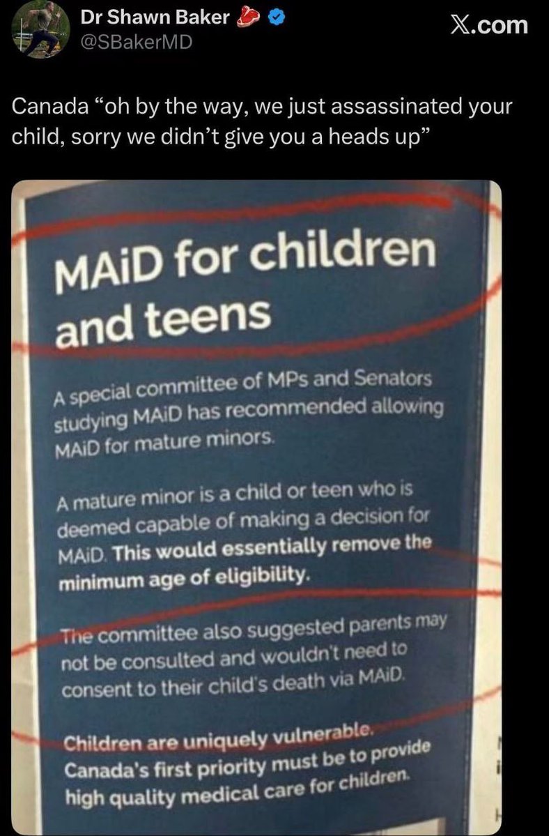 saskridergal's tweet photo. Canada is turning into a walk-in death clinic.

Just when you think it couldn't get any worse... now your "child/ren" can be euthanized without your knowledge or consent.

How much further does this evil need go until enough have had enough... Canada is a sinking ship and is on a clear path of self-Destruction.😈🇨🇦

Canada 🇨🇦🔥🪖 Let's Talk