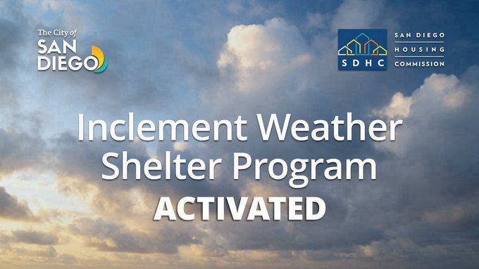 CityofSanDiego's tweet photo. The Inclement Weather Shelter Program has been activated for today, Saturday, Oct. 10. 

Beds are available for San Diegans experiencing homelessness at Father Joe's Villages and the Living Water Church of the Nazarene.

More info: https://t.co/n9WsJJqHM8 https://t.co/I6Ug8Y3SFc https://t.co/7JS9aaQChl