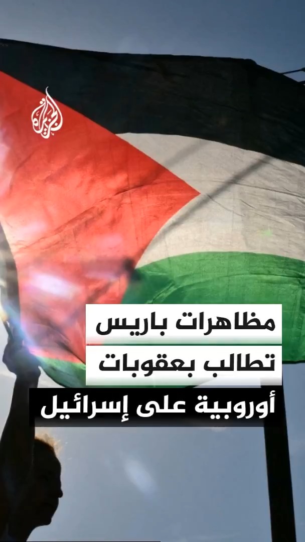 A Palestinian flag waves against the sky, overlaid with the Al Jazeera logo and Arabic text reading "Demonstrations in Paris demanding sanctions on Israel." The image visually anchors the accompanying post about Paris protesters calling on the French government to halt the war on Gaza, impose European sanctions on Israel, and suspend the partnership agreement.