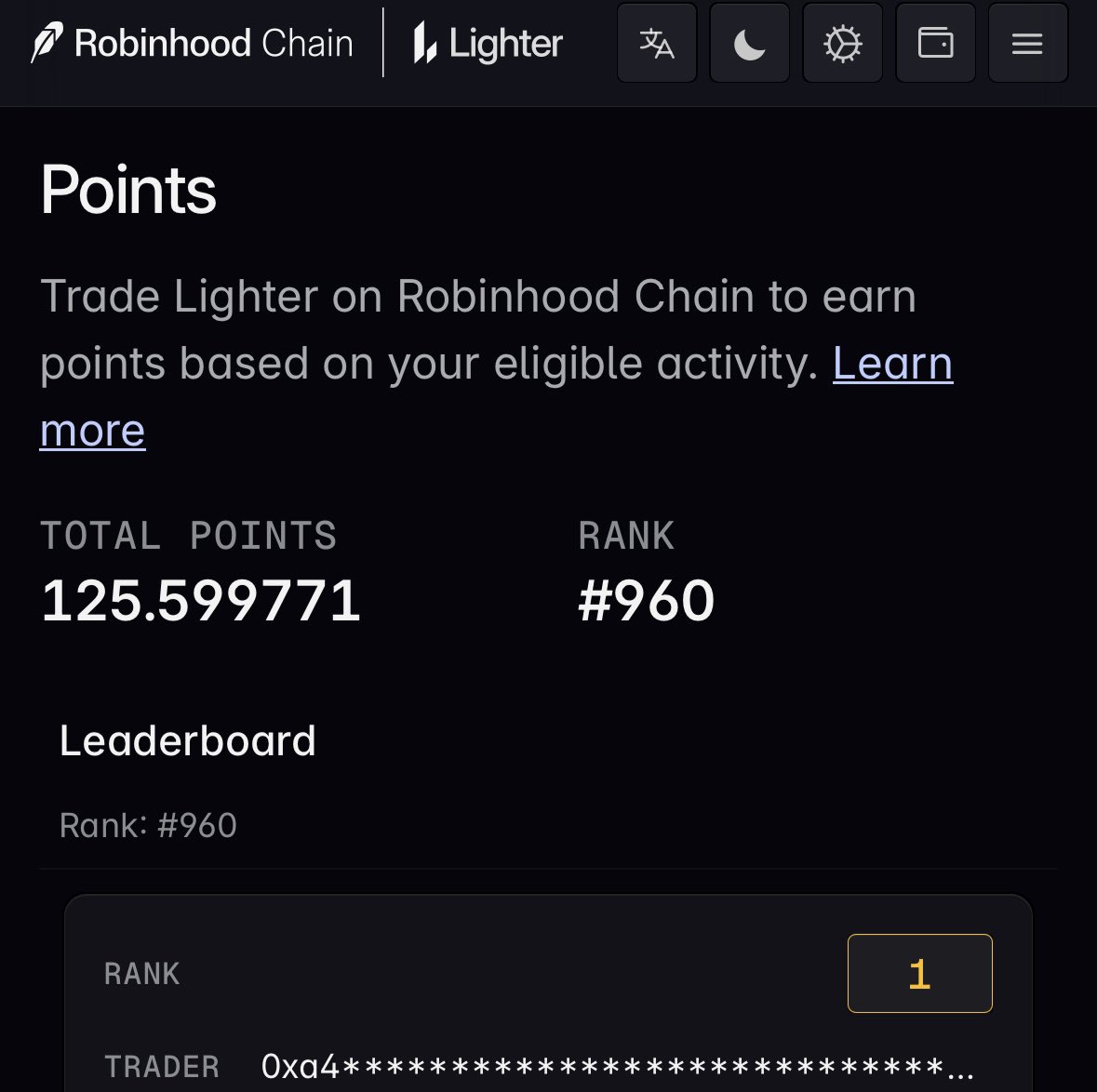 AIexey_Stark's tweet photo. You don’t need millions to get 1000 points in @Lighter_xyz

all you need is consistency and efficient strategy.

only 3 weeks ago I had like 5 points, if I remember right. Farming points is way easier than I expected.

this whole time I've been trading with just $3k, and my positions have never exceeded $50k size.

I've spent very little on all these points, like ~$300, which is roughly $2,4/point.

I think I gotta farm harder before people finally figure out what a gem this is.

currently only 44,623 traders are competing for a pool of 11M $LIT tokens (~$40M), but just 5% of them are actually active.

as you can see on the screenshot, 125 points is enough to make the top 1000.

the math looks great, even if you trade with the most inefficient strategy possible.

you get a lot of points for liquidations, but I wouldn't recommend getting liquidated on purpose.

better use the strategy below:

> download Robinhood Wallet app on your phone.
> register on Lighter via Robinhood wallet for 2x points boost: https://t.co/QBxB0hrcf0
> all long positions on stock assets hedged with shorts on Lighter Core give 2,5x points boost.
> Make sure the long is opened on Lighter RH, otherwise the boost won't count, it's an official announcement.

there are 31 stock markets on Lighter, the goal is to pick the best one - low OI but also the tightest spread.

I chose 2 assets that meet these criteria: $SNDK and $GOOGL.

this week I'll be focused only on them, goal is $1m+ volume, avg holding time 6-12h, $40k OI.

also want to point out that $2,4 per point is far from the limit, I know people who farm points at $0,6.

test different strategies, keep farming perps, keep winning. 

if you have any questions about farming, DM me, I'll answer everyone.