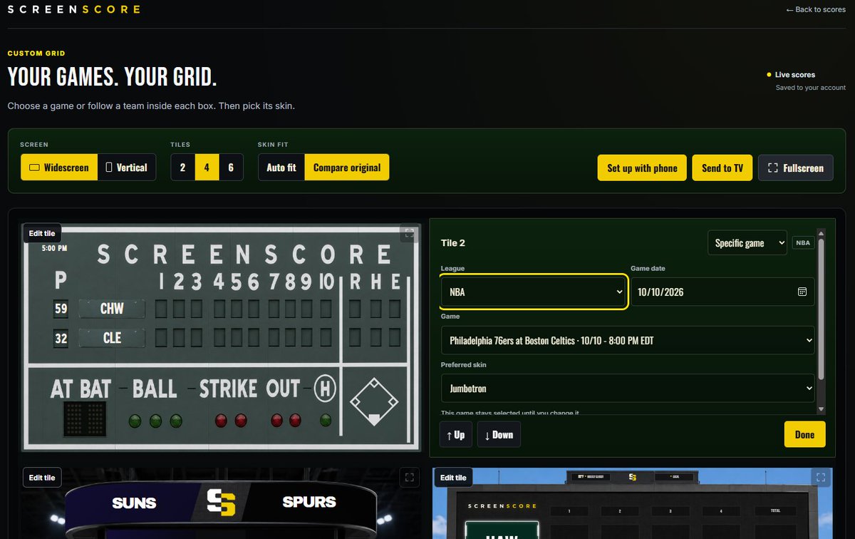 ScreenScoreTV's tweet photo. BREAKING: You can now build completely custom grids on ScreenScore.

Your games, your screen, your way.

#HardcoreForScores https://t.co/EpmMDXFSgK