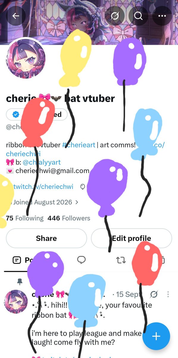 cheriechwi's tweet photo. diy balloons... HAPPY CHERIE DAY 🎉🎉! thank you ribbats for celebrating w me in stream yesterday 🎀🦇

if anyone wants to treat this bat on her birthday https://t.co/ZBhmWwBtax 💜 but all the birthday wishes are more than enough 🥹

ps SAY HAPPY BDAY TO BDAY TWIN @smol_mousey ! https://t.co/Z739PXY1p3